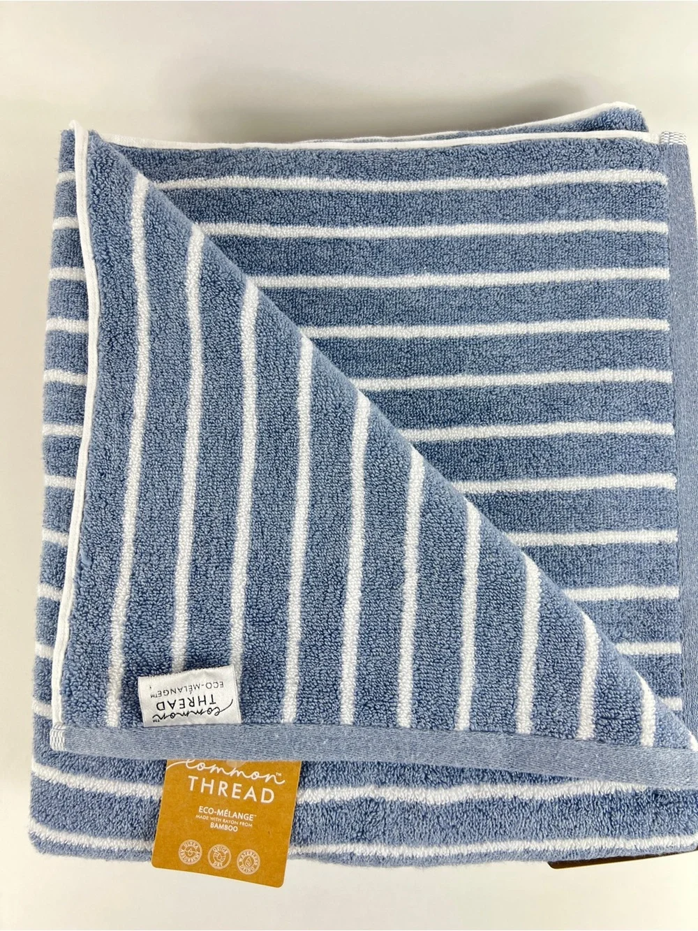 Common Thread Bath Towels Bamboo Blue White Wide Stripe Cotton 2 Pc Set NEW